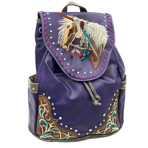 Women's Embroidered Horse Western Leather Backpack