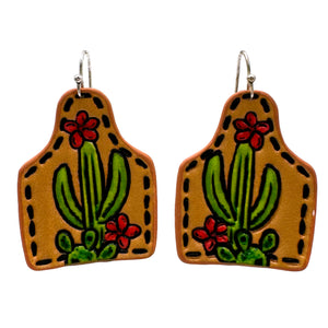 Tooled Leather Western Cactus Cowtag Earrings