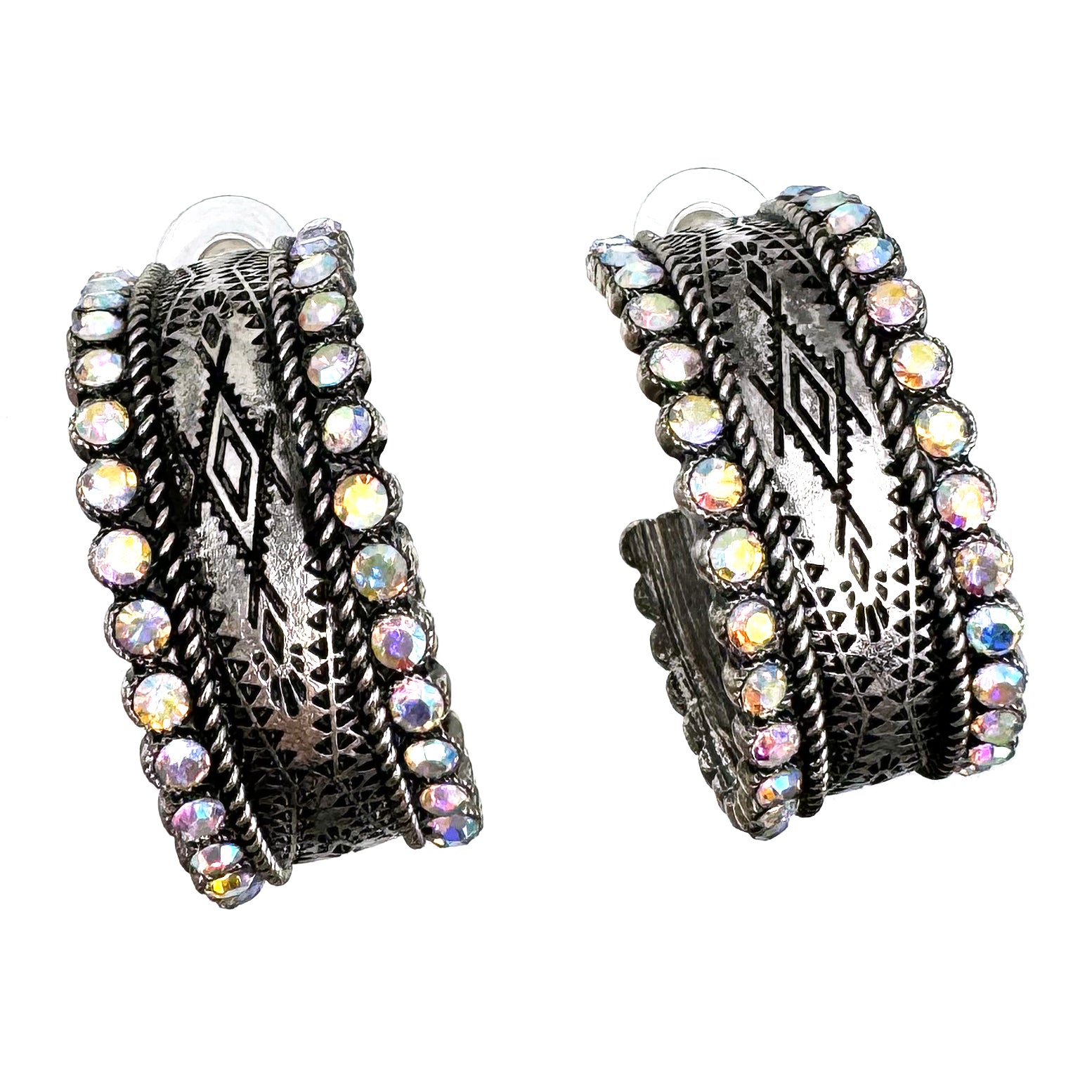 Aztec AB Rhinestone Navajo Pattern C Hoop Earrings