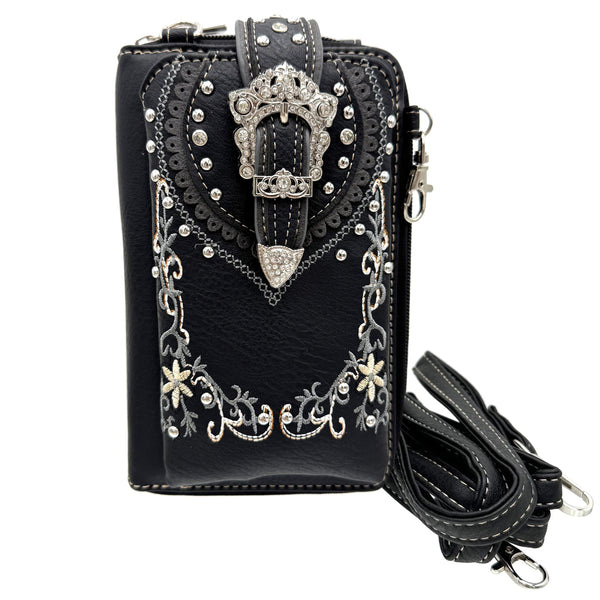 Crown Buckle Western Embroidered Floral Phone Wallet