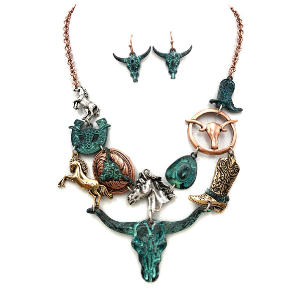 Patina Longhorn Horse Mix Metal Western Necklace Earrings Set