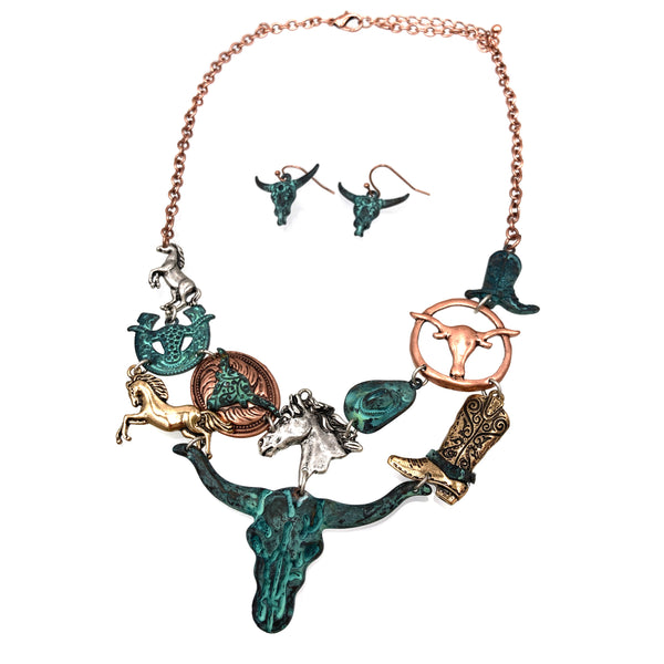 Patina Longhorn Horse Mix Metal Western Necklace Earrings Set