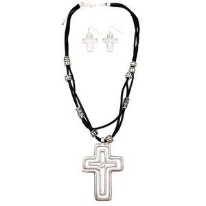 Hammered Silver Metal Cross Rope Necklace Earrings Set