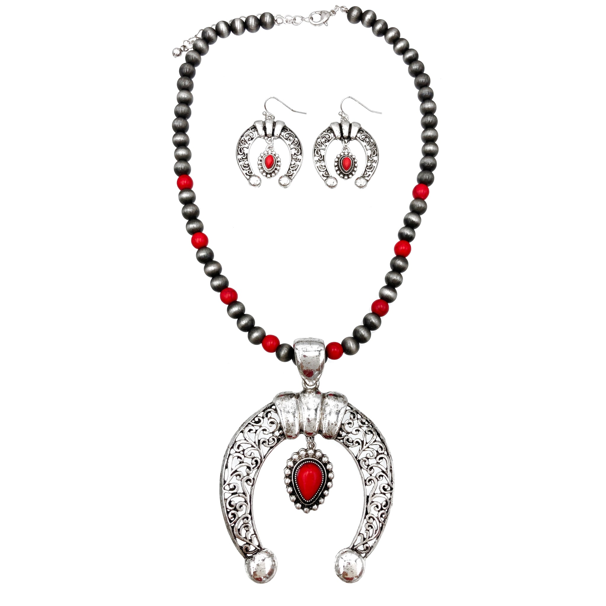 Navajo Red Squash Blossom Pendant Necklace Earrings Set