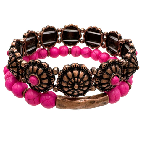 Copper Concho and Hot Pink Bead Bracelet