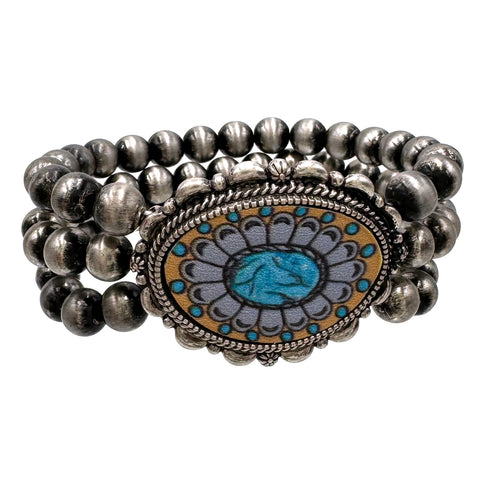 Leather Floral Print Navajo Beads Three Piece Bracelet