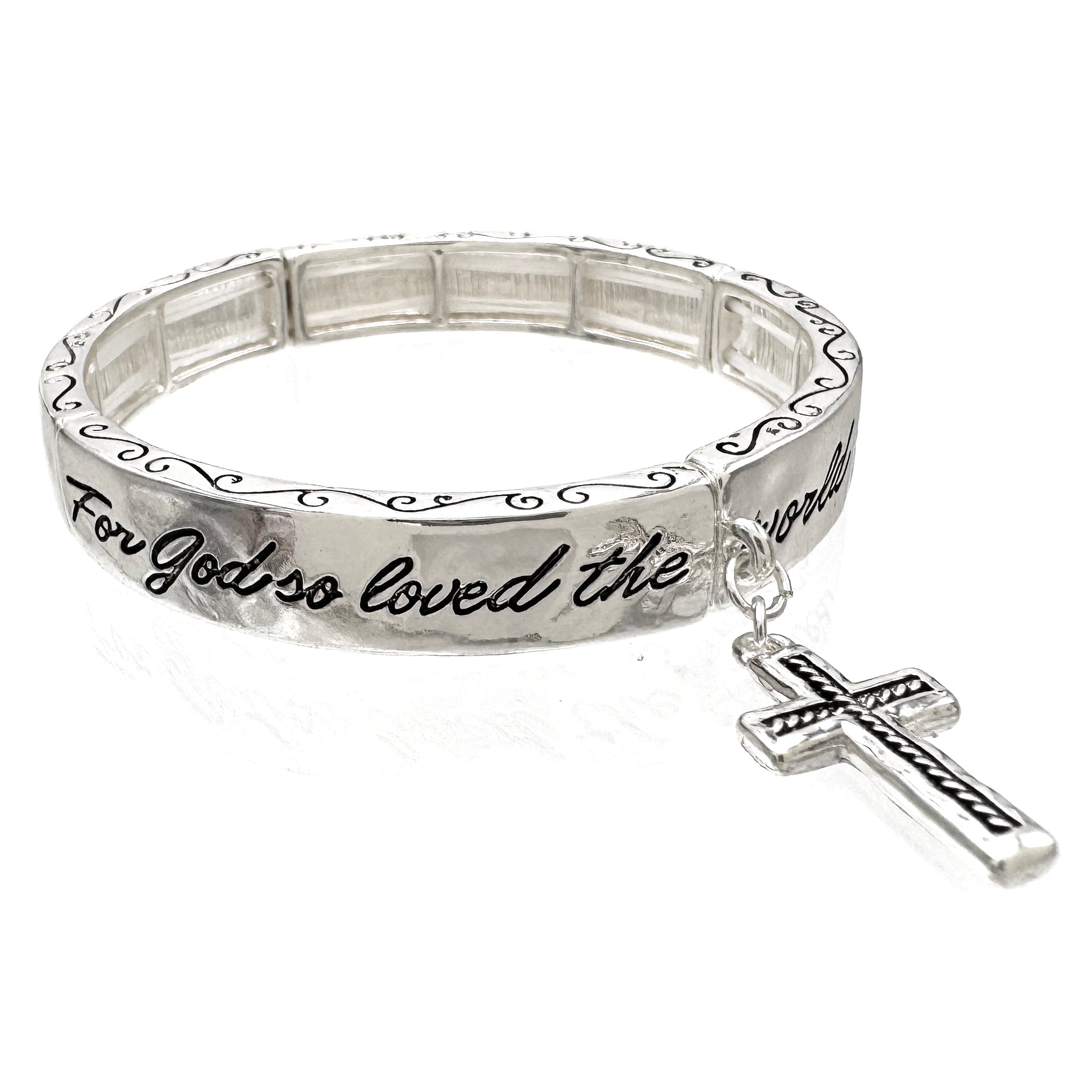 John 3:16 Inscription Cross Charm Silver Stretch Bracelet