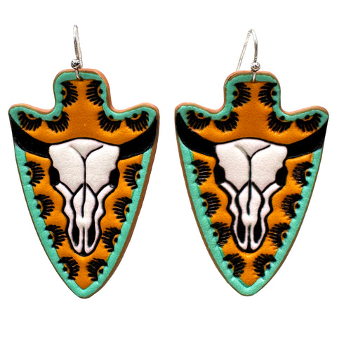 Tooled Leather Western Longhorn Arrowhead Earrings