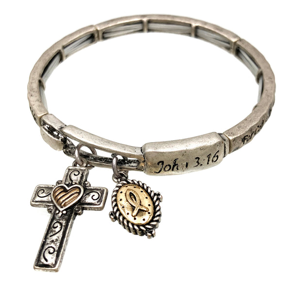 John 3:16 Inscription Cross Charm Stretch Bracelet