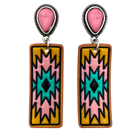 Tooled Leather Western Banner Native Aztec Earrings