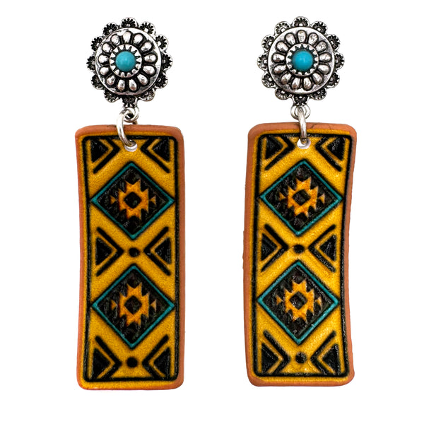 Tooled Leather Western Banner Native Pattern Earrings