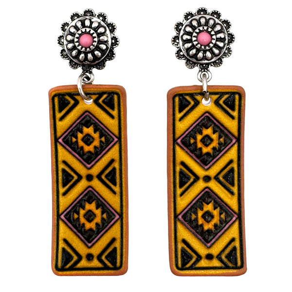 Tooled Leather Western Banner Native Pattern Earrings