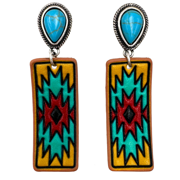 Tooled Leather Western Banner Native Aztec Earrings