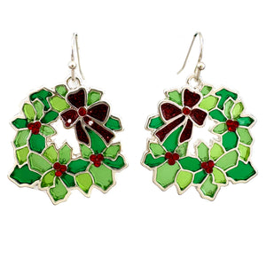 Stained Glass Christmas Holly Wreath Poinsettia Earrings