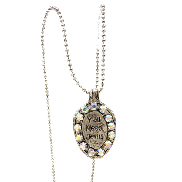 Y'all Need Jesus AB Rhinestone Metal Pendant Necklace