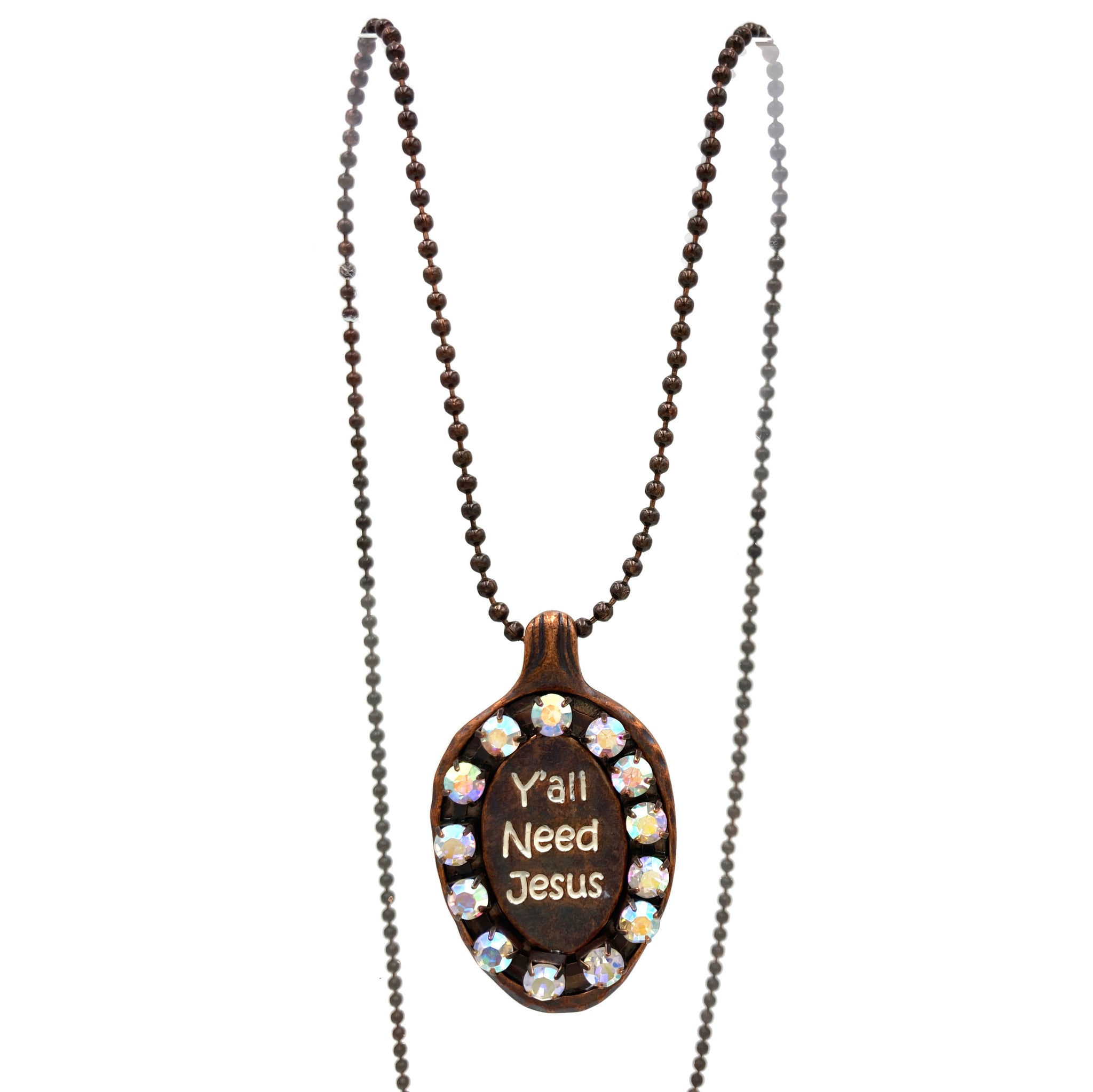 Y'all Need Jesus AB Rhinestone Metal Pendant Necklace