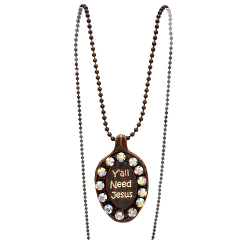 Y'all Need Jesus AB Rhinestone Metal Pendant Necklace