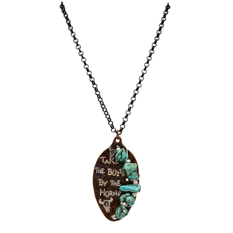 Take The Bulls By The Horns Long Turquoise Metal Necklace