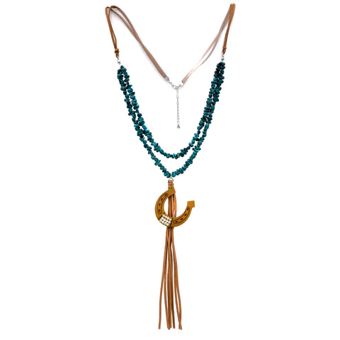 Leather Horseshoe Turquoise Stone Suede Tassel Necklace