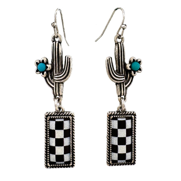 Checkered Print Western Cactus Flower Earrings