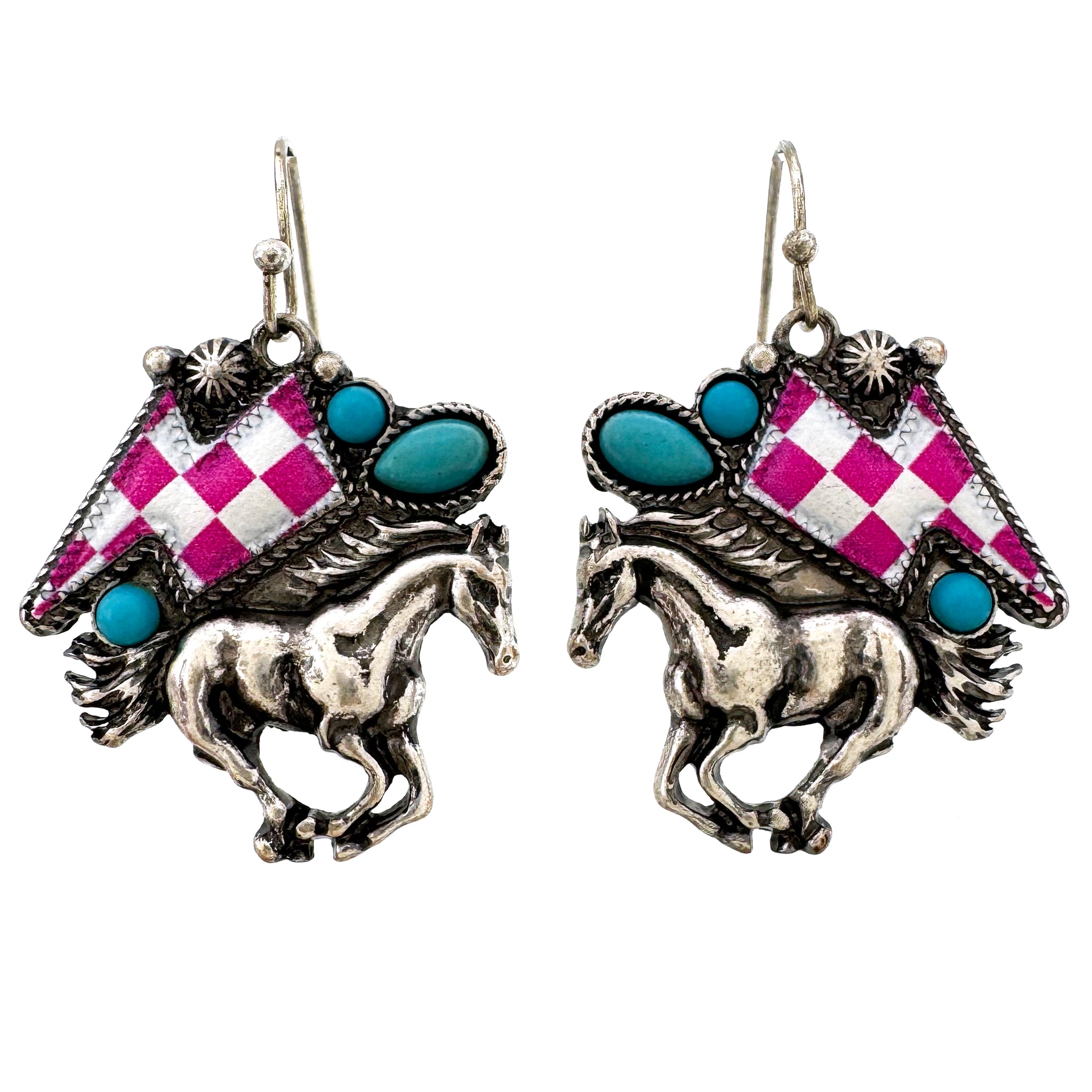 Checkered Print Western Lightning Bolt Horse Earrings