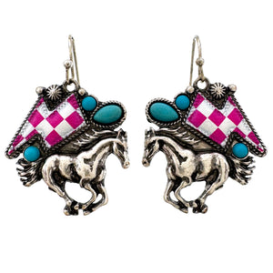 Checkered Print Western Lightning Bolt Horse Earrings