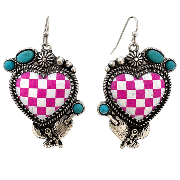 Checkered Print Western Heart Earrings