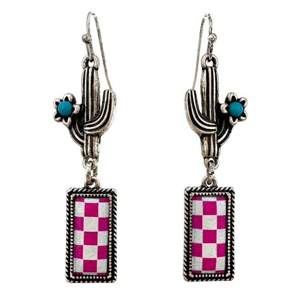 Checkered Print Western Cactus Flower Earrings