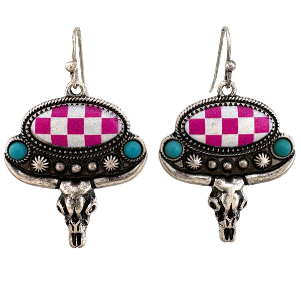 Checkered Print Western Oval Longhorn Earrings