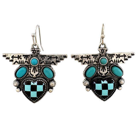 Checkered Print Western Native Thunderbird Earrings