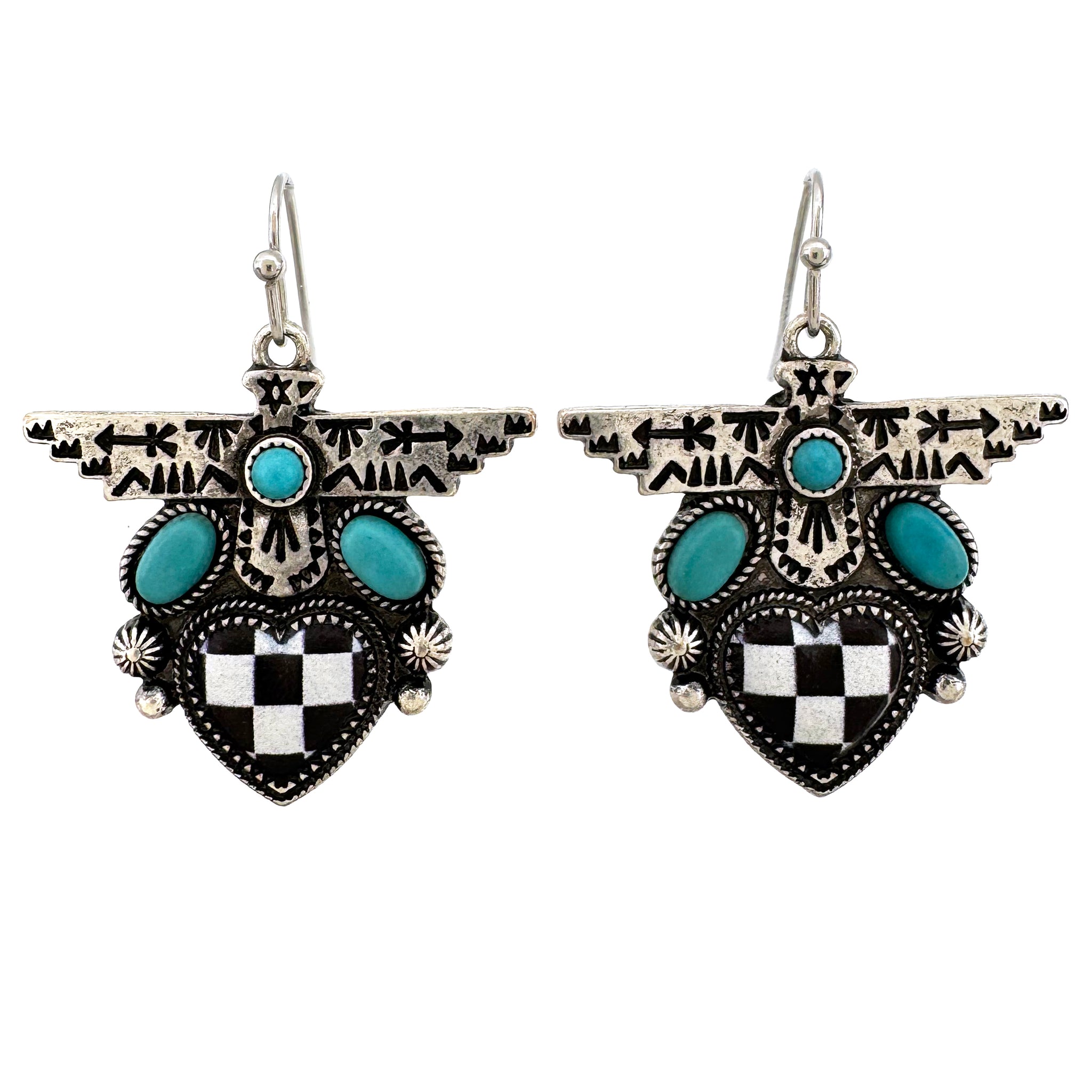 Checkered Print Western Native Thunderbird Earrings