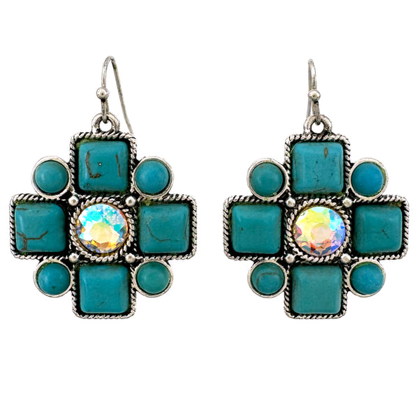 Western Turquoise and Stones Cross Stud Earrings