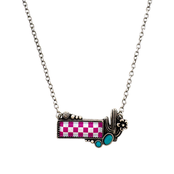 Checkered Print Western Cactus Flower Necklace