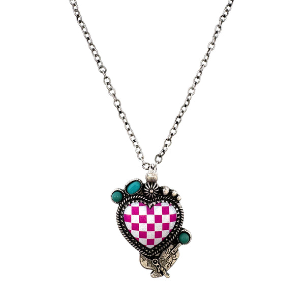 Checkered Print Western Heart Necklace