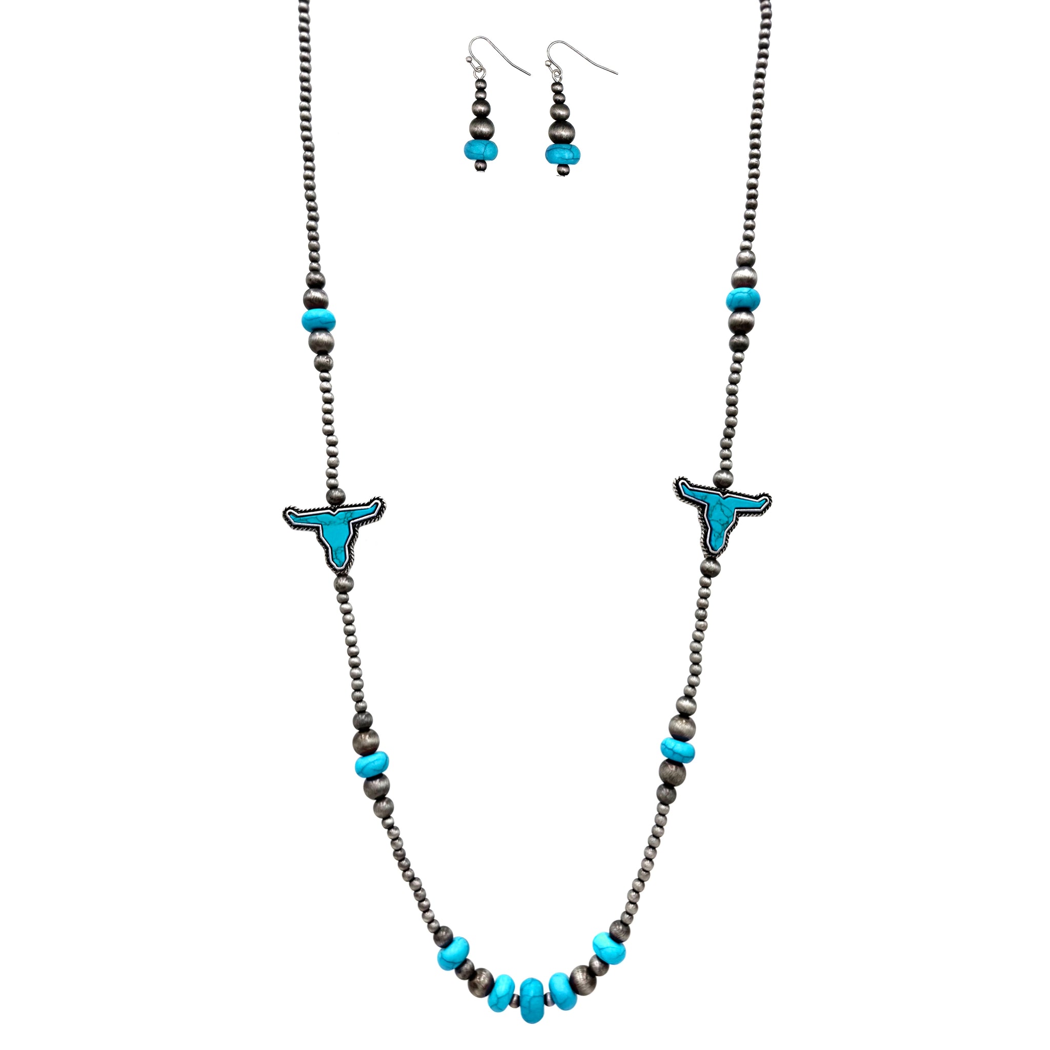 Navajo Beads Longhorn Icon Long Necklace Earrings Set