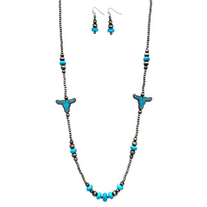 Navajo Beads Longhorn Icon Long Necklace Earrings Set