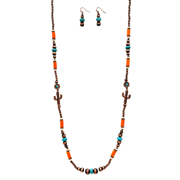 Navajo Beads Cactus Flower Icon Long Necklace Earrings Set