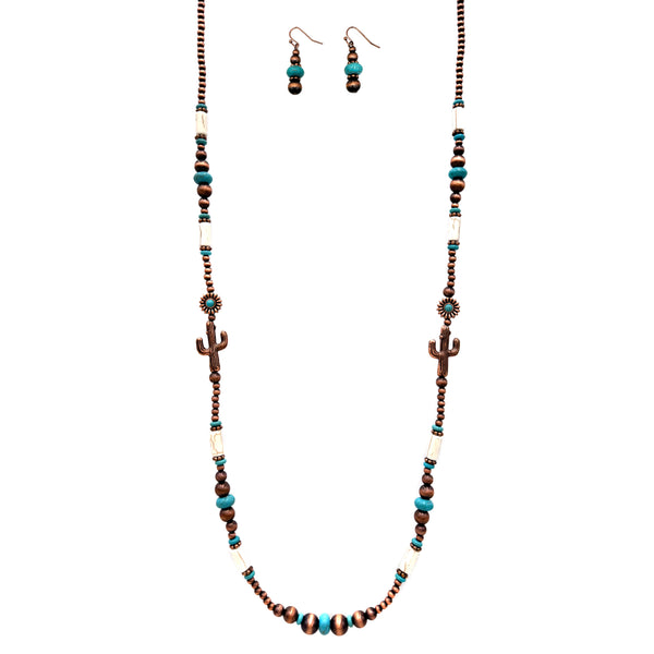 Navajo Beads Cactus Flower Icon Long Necklace Earrings Set