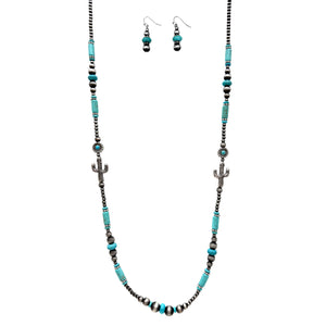 Navajo Beads Cactus Flower Icon Long Necklace Earrings Set