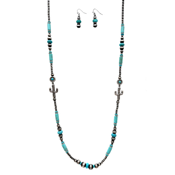 Navajo Beads Cactus Flower Icon Long Necklace Earrings Set