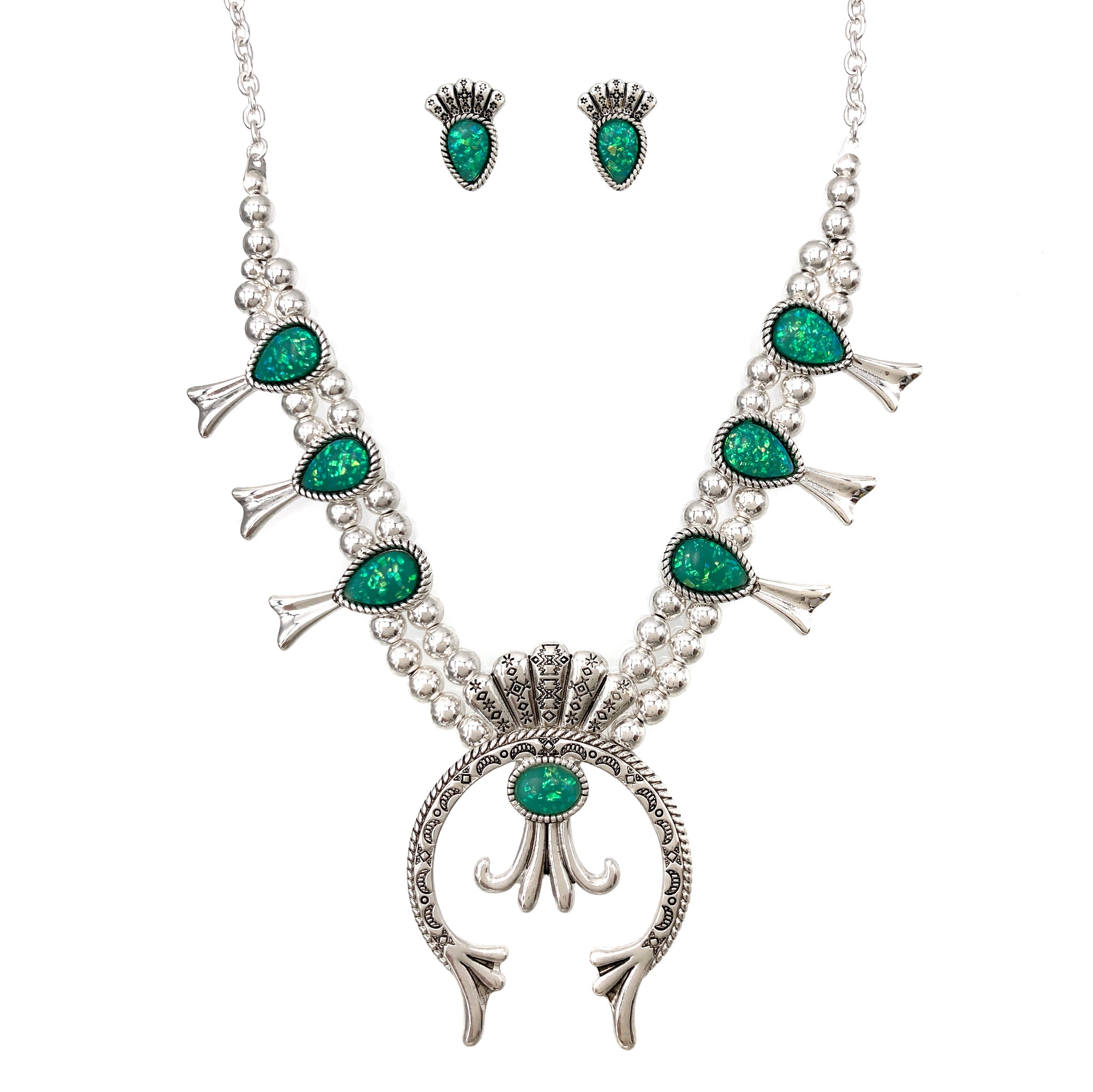 Small Squash Blossom Glittering Amazonite Necklace Earrings Set