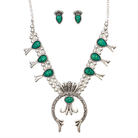 Small Squash Blossom Glittering Amazonite Necklace Earrings Set