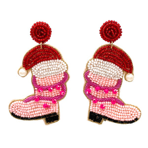 Christmas Santa Hat Pink Boots Seed Bead Earrings