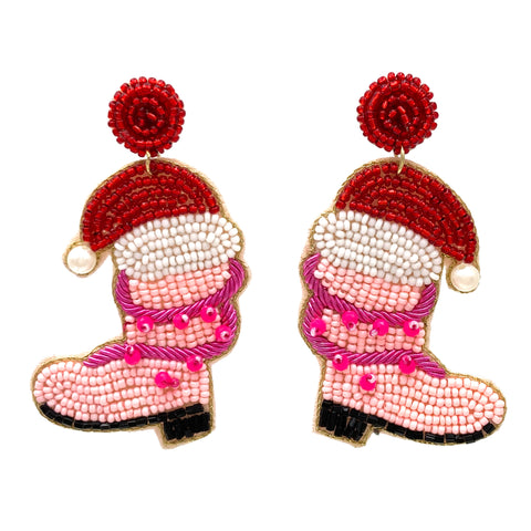 Christmas Santa Hat Pink Boots Seed Bead Earrings