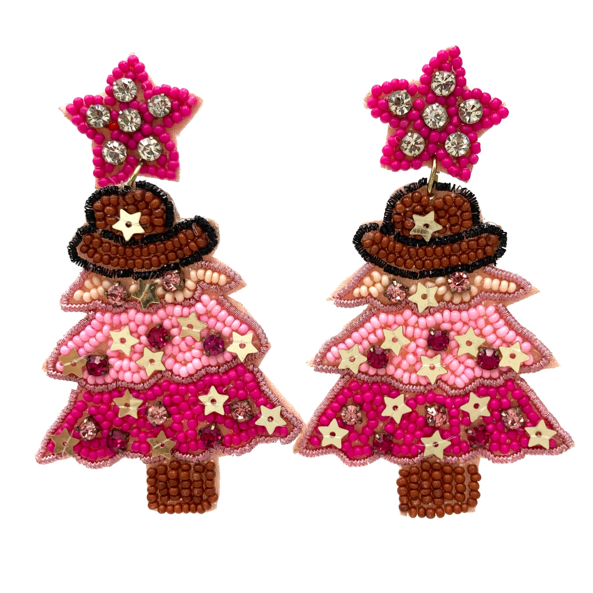 Christmas Tree Cowboy Pink Seed Bead Earrings