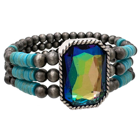 Glass Stone Turquoise Navajo Layered Bead Stretch Bracelet