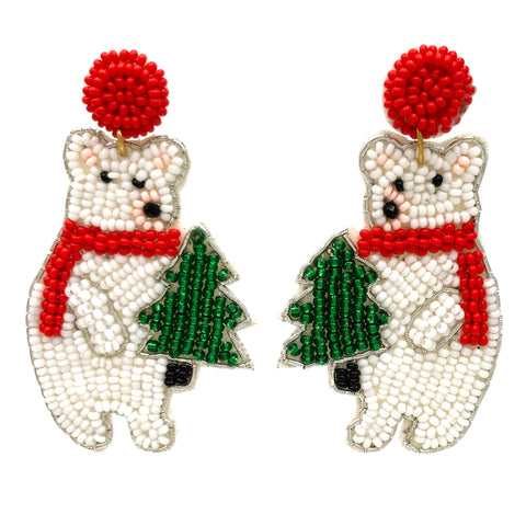 Polar Bear Holding Christmas Tree Seed Bead Earrings