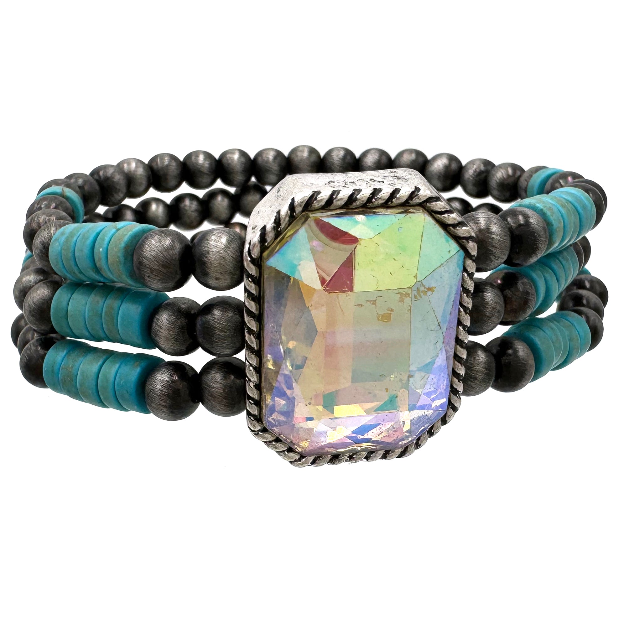 Glass Stone Turquoise Navajo Layered Bead Stretch Bracelet