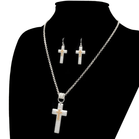 Gold Cross Matte Silver Necklace Earrings Set