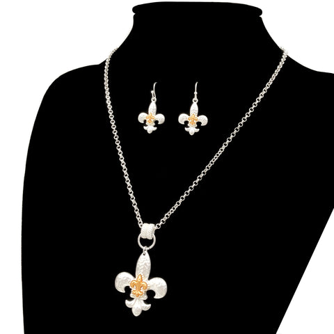 Gold Fleur De Lis Matte Silver Necklace Earrings Set